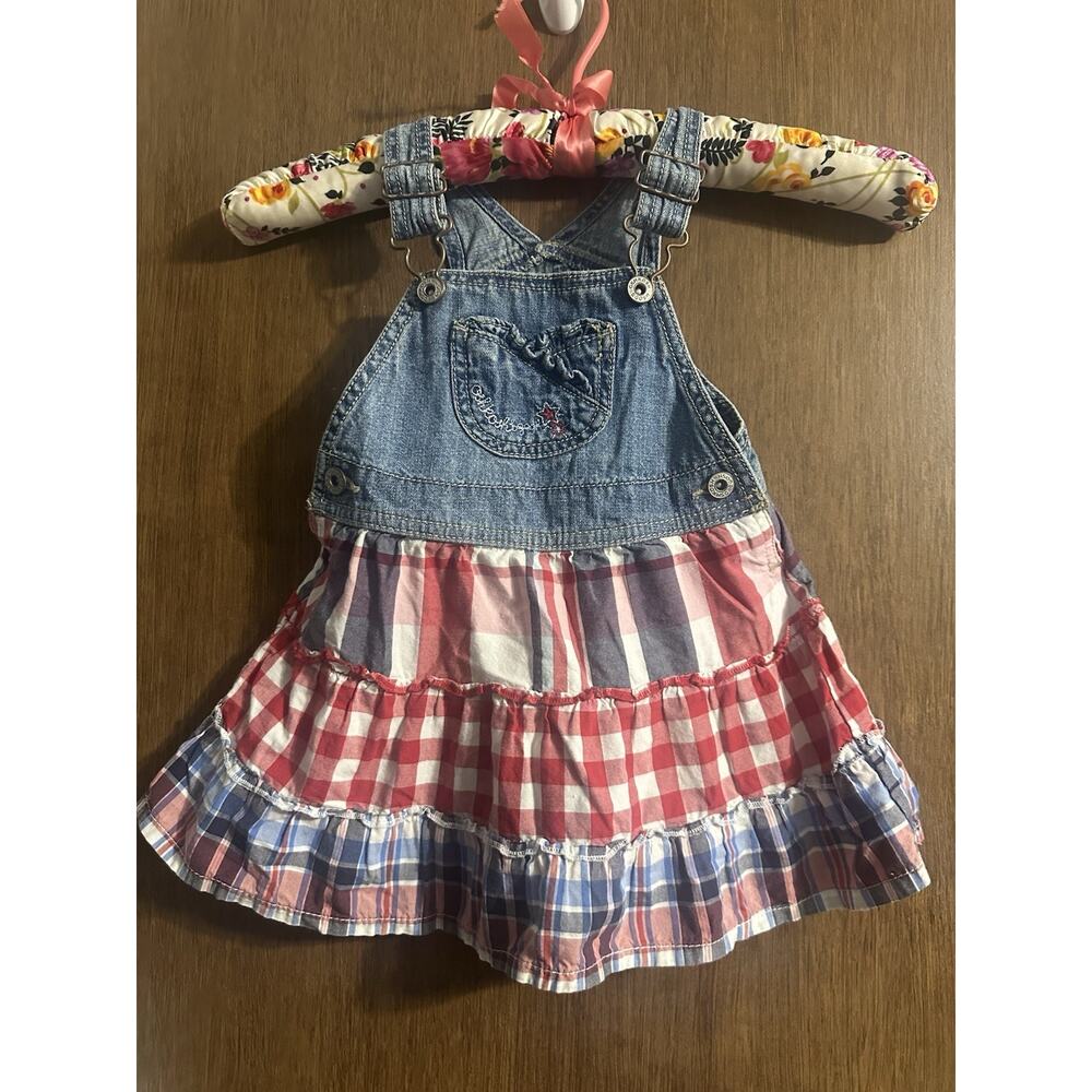 OshKosh B'Gosh Vestbak Bib Overall Jumper Dress Tiered 24 MO Red White Blue July